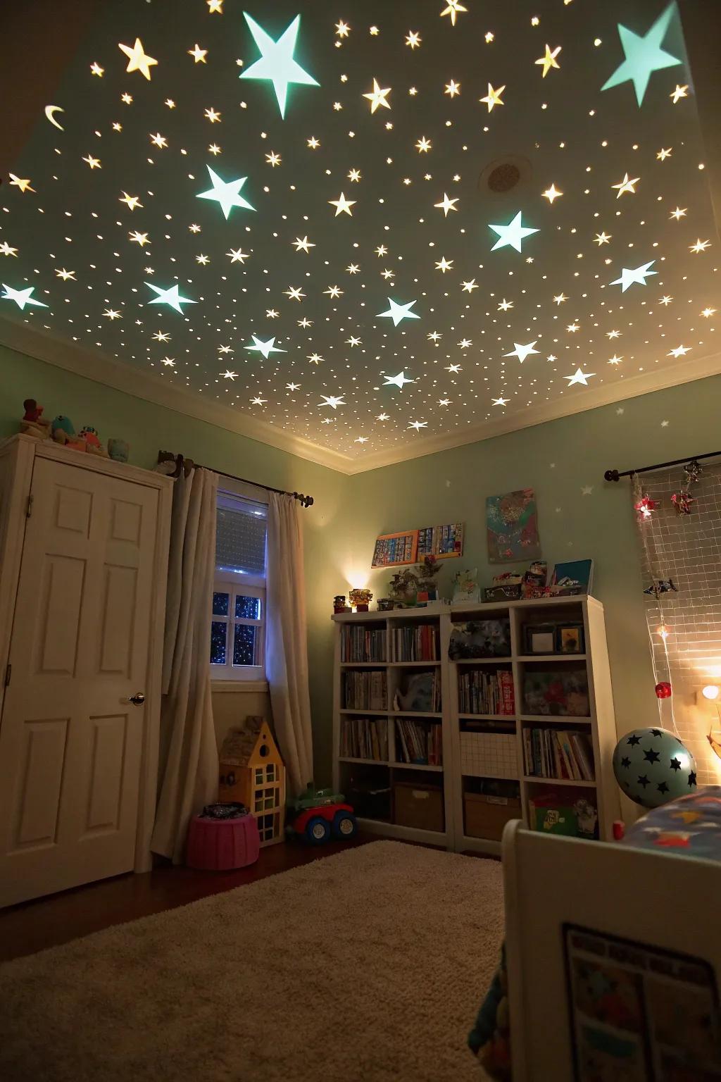 A magical night sky that brings holiday enchantment to bedtime.