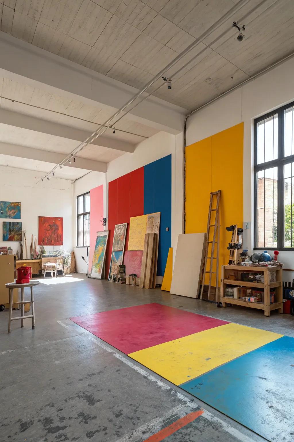 Vibrant color blocking on a concrete floor infuses this art studio with energy and creativity.