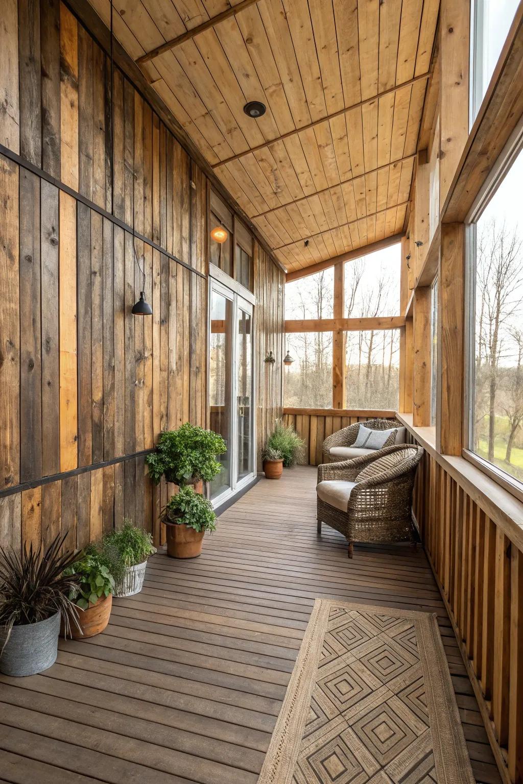 Textured walls add depth and interest to this indoor deck.