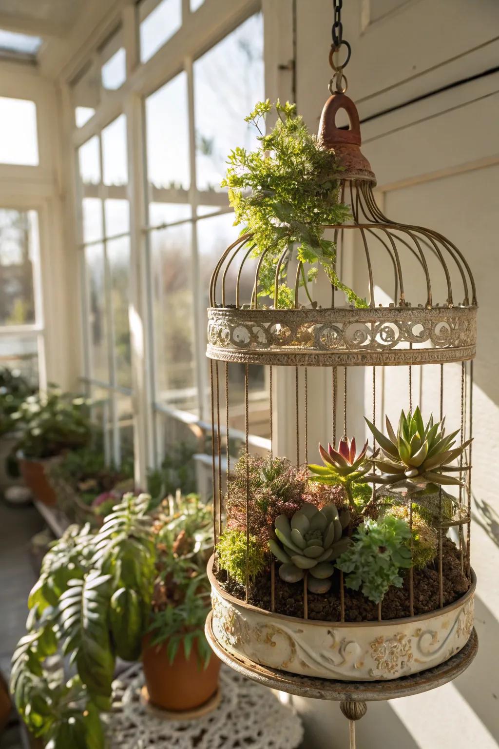 An aviary creates a playful home for succulents.