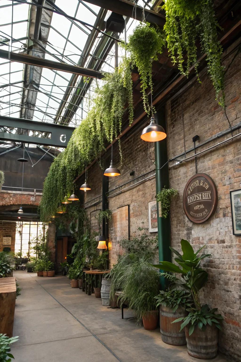 Greenery adds a refreshing touch to the industrial decor.