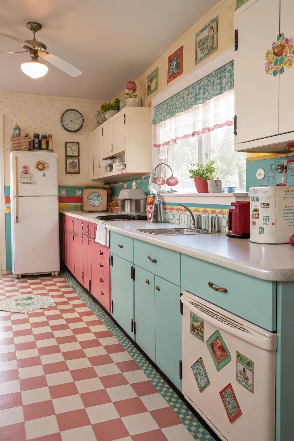 Linoleum countertops add a splash of color and durability to any kitchen.