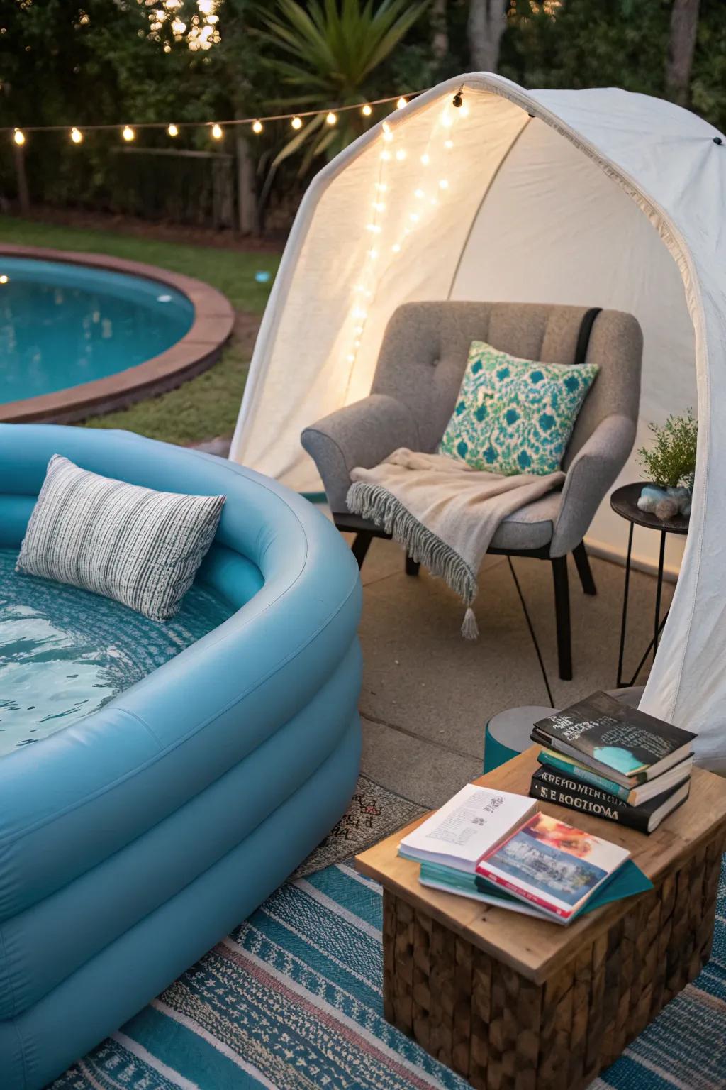 A serene reading nook by the pool.