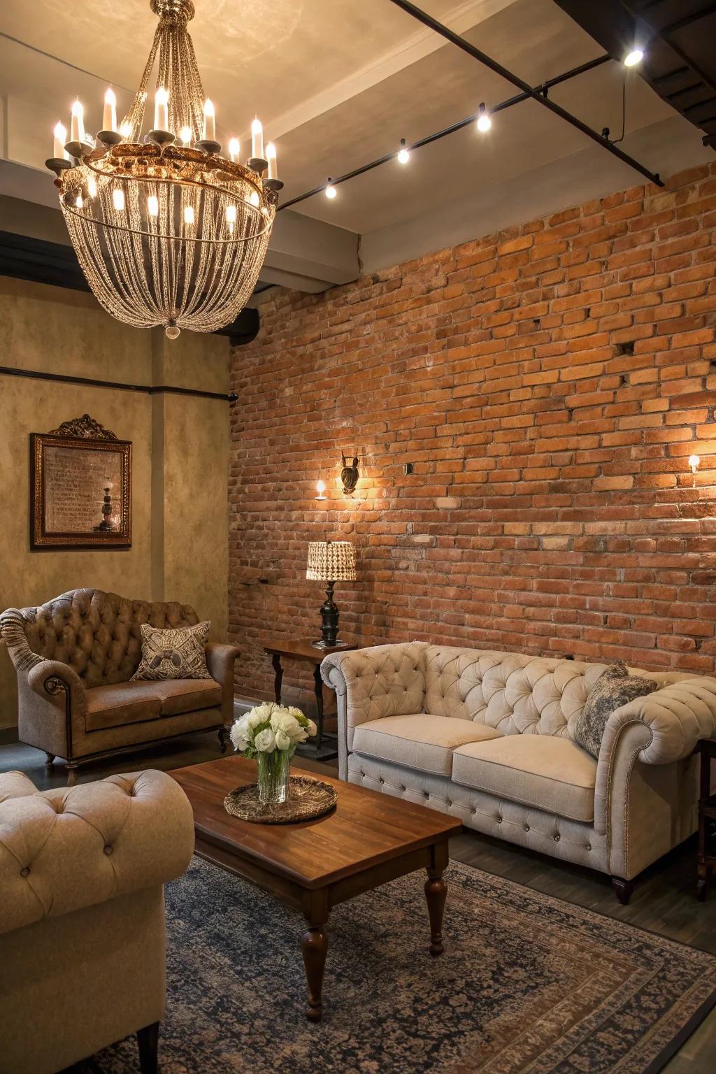 A room with a stained brick wall, showcasing elegant decor and refined ambiance.