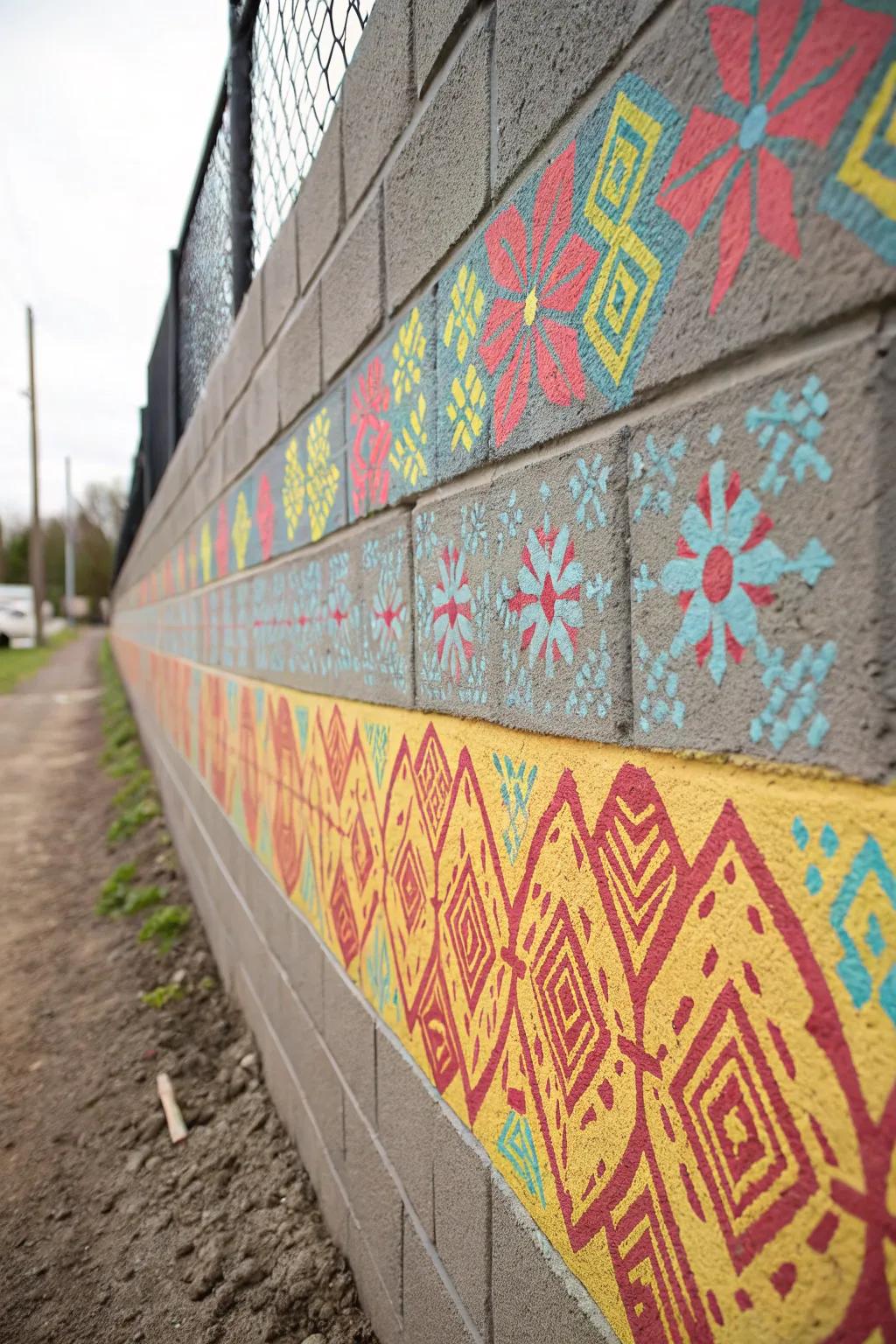 Geometric patterns add a modern twist to a cinder block wall.