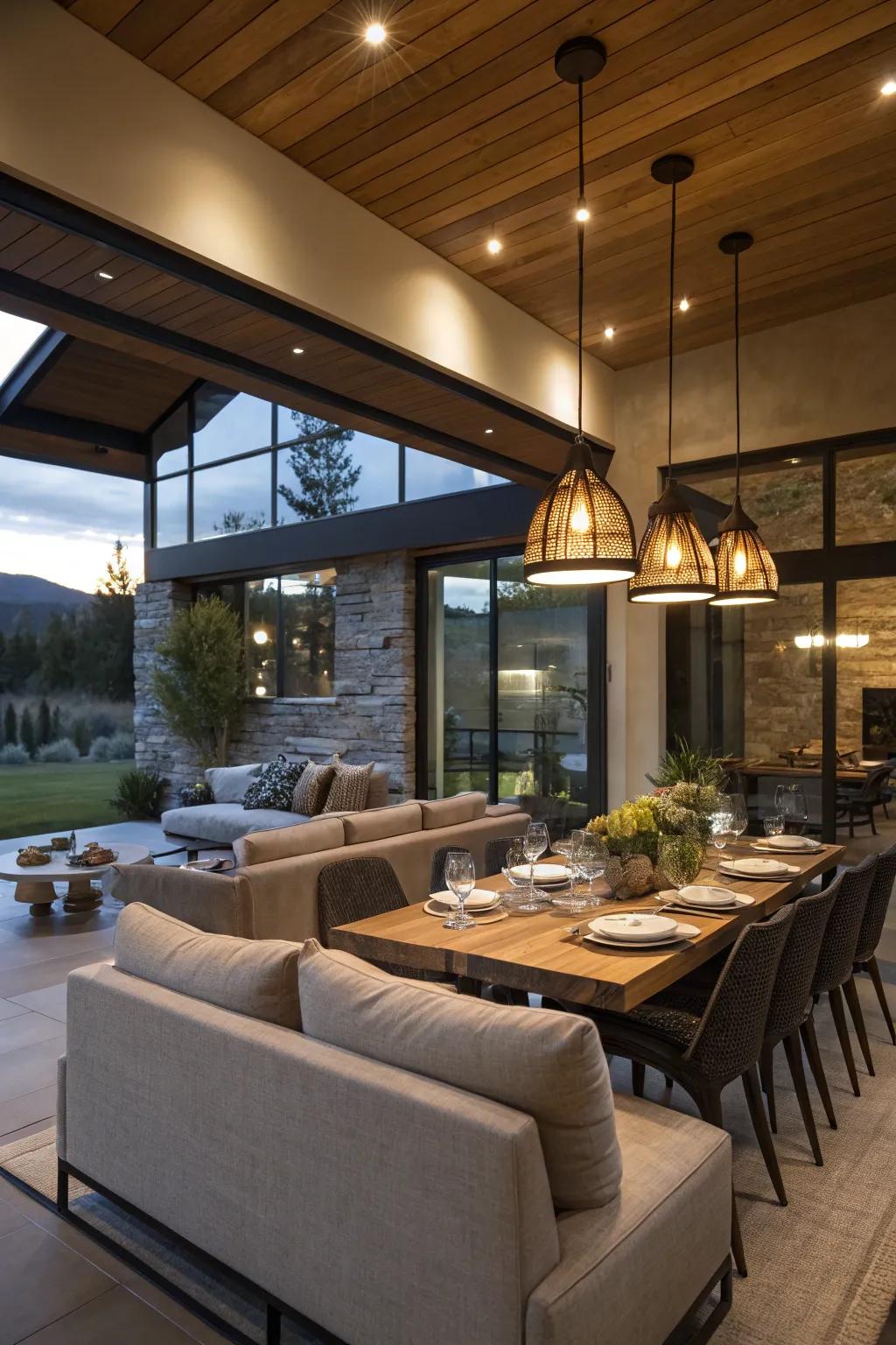 Integrated illumination within an open-concept living and dining sector.