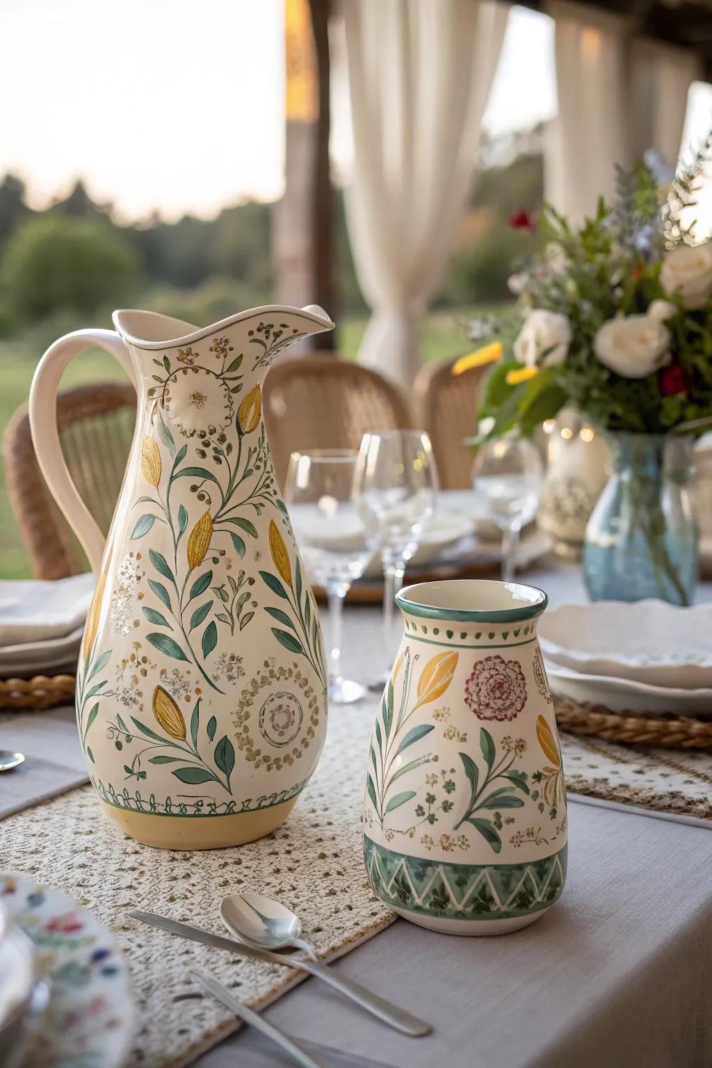 Ceramic jugs add a surprising and functional accent.