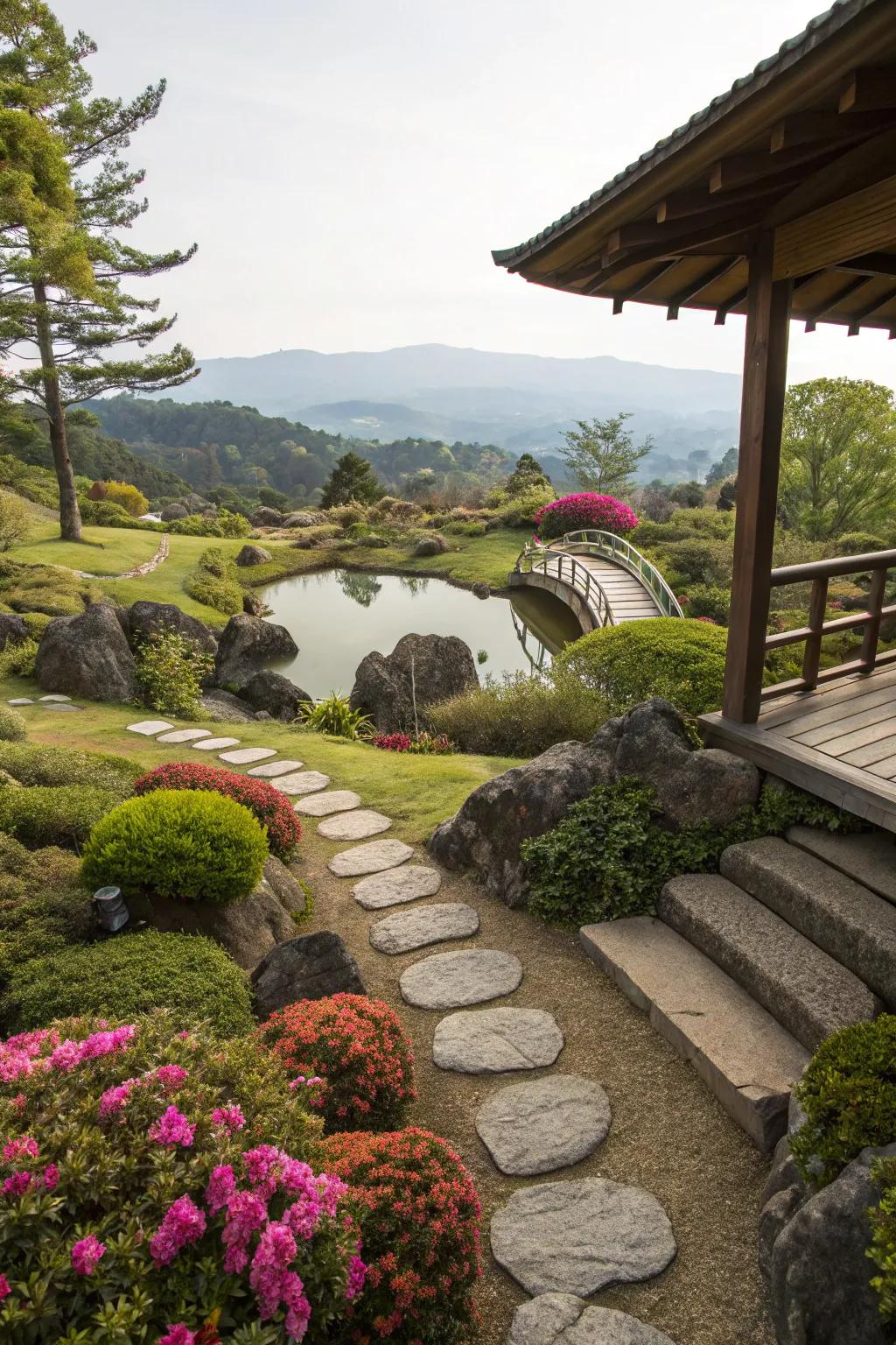 A viewing platform overlooks a Japanese garden landscape.