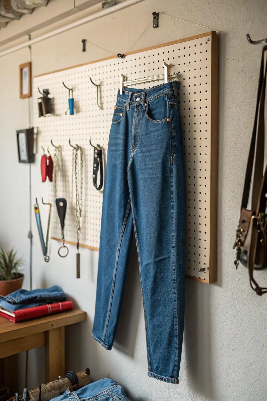 A pegboard furnishes a flexible and creative jeans storage option.
