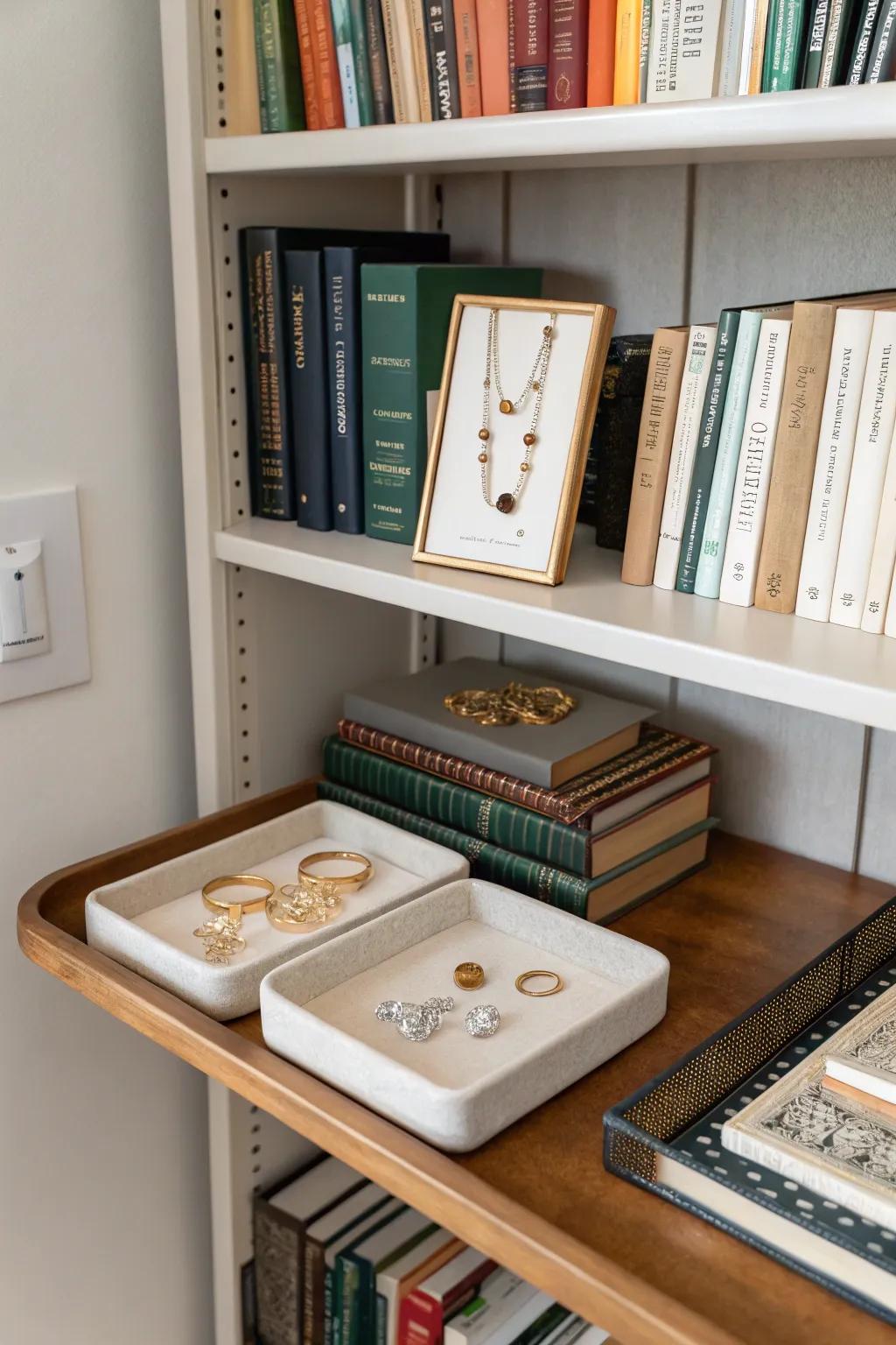 A bookshelf arrangement for a personalized jewelry display