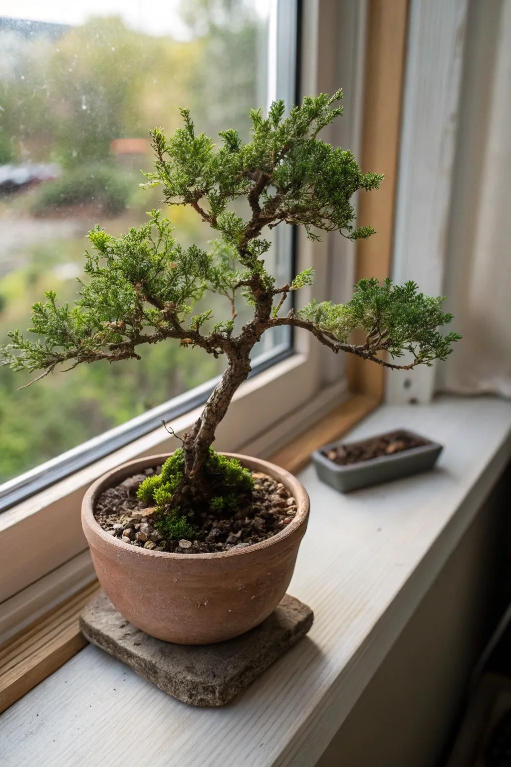 A mame configuration juniper bonsai infusing charm into a sill within a small clay pot.