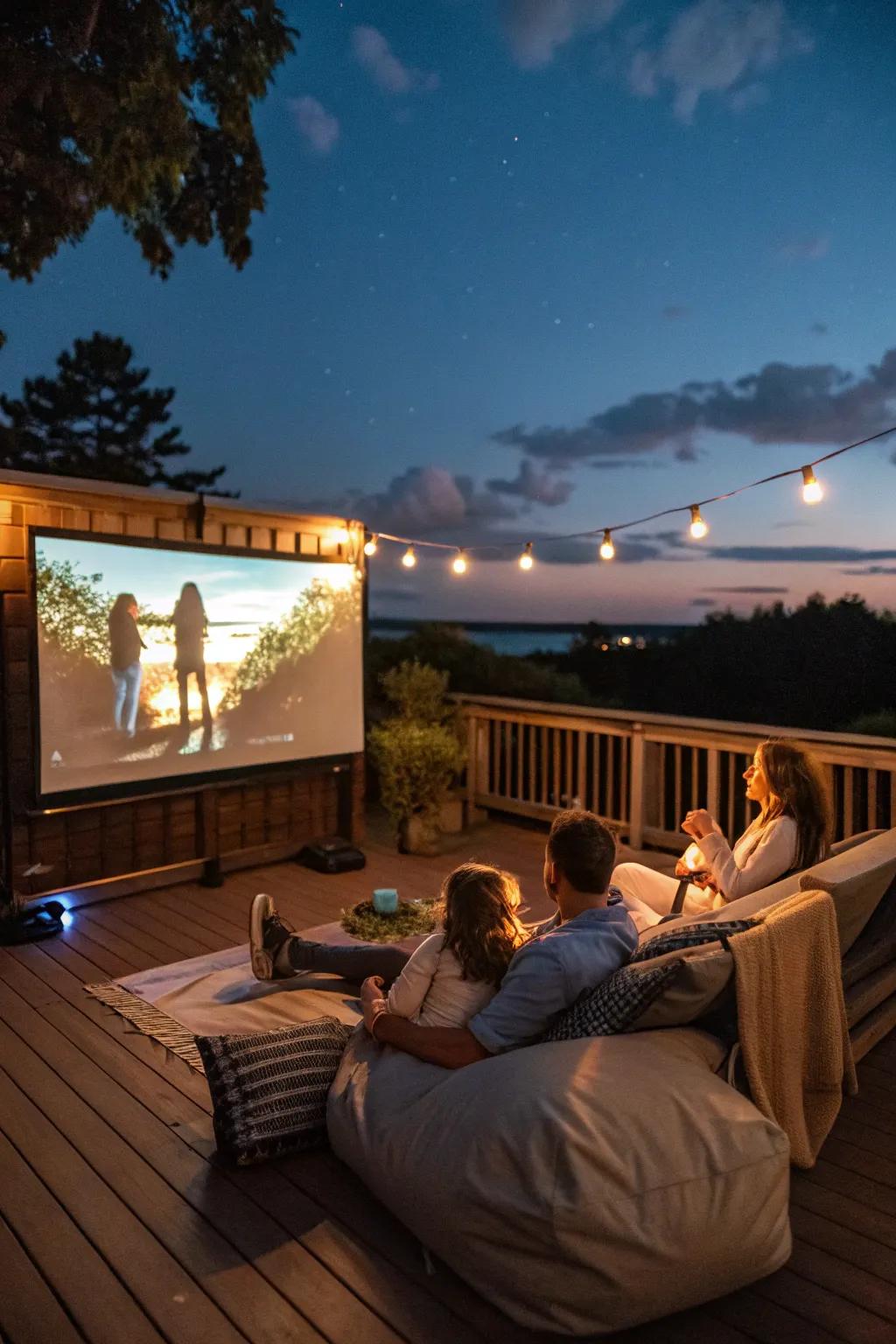 A deck featuring an outdoor projector and screen where a family is watching a movie under the night sky.