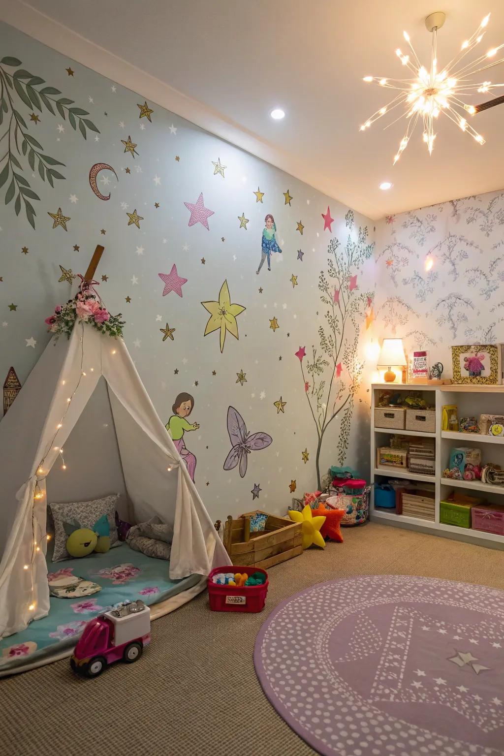 A playroom with wallpaper showcasing stars and fairies, fitting for dreamers.