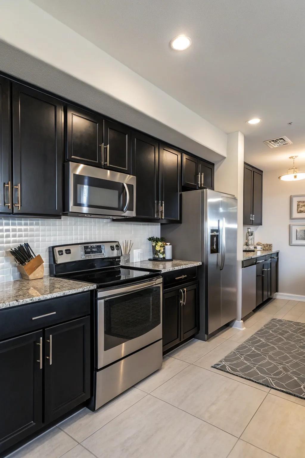 Black cabinets bring modern sophistication to the kitchen.