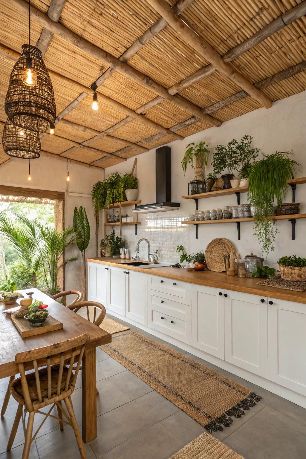 Introduce sustainability using a natural bamboo ceiling.