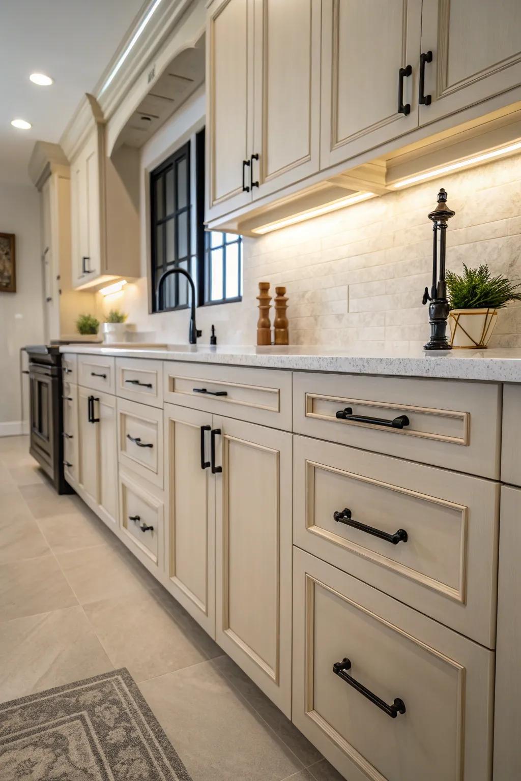 A striking use of contrast with deep-toned hardware against bright cabinetry.
