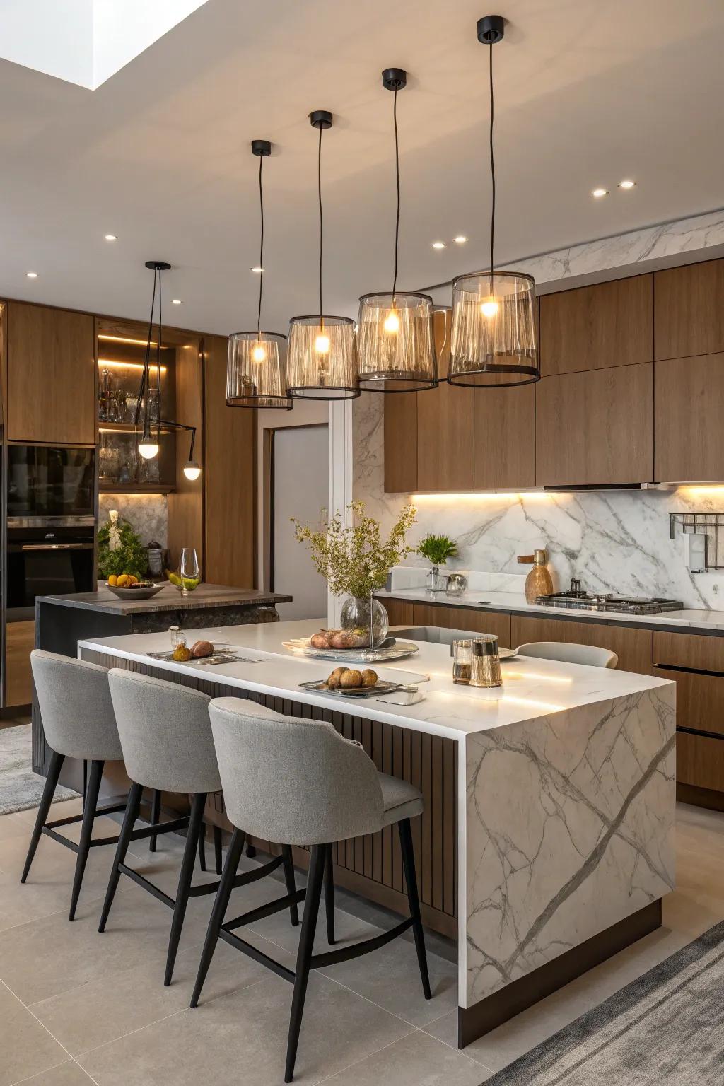 Illustrative illumination highlights the characteristics of a kitchen island.