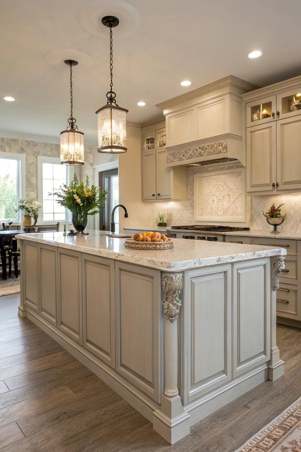 Elegant island with textured paint trim for added dimension and intrigue.