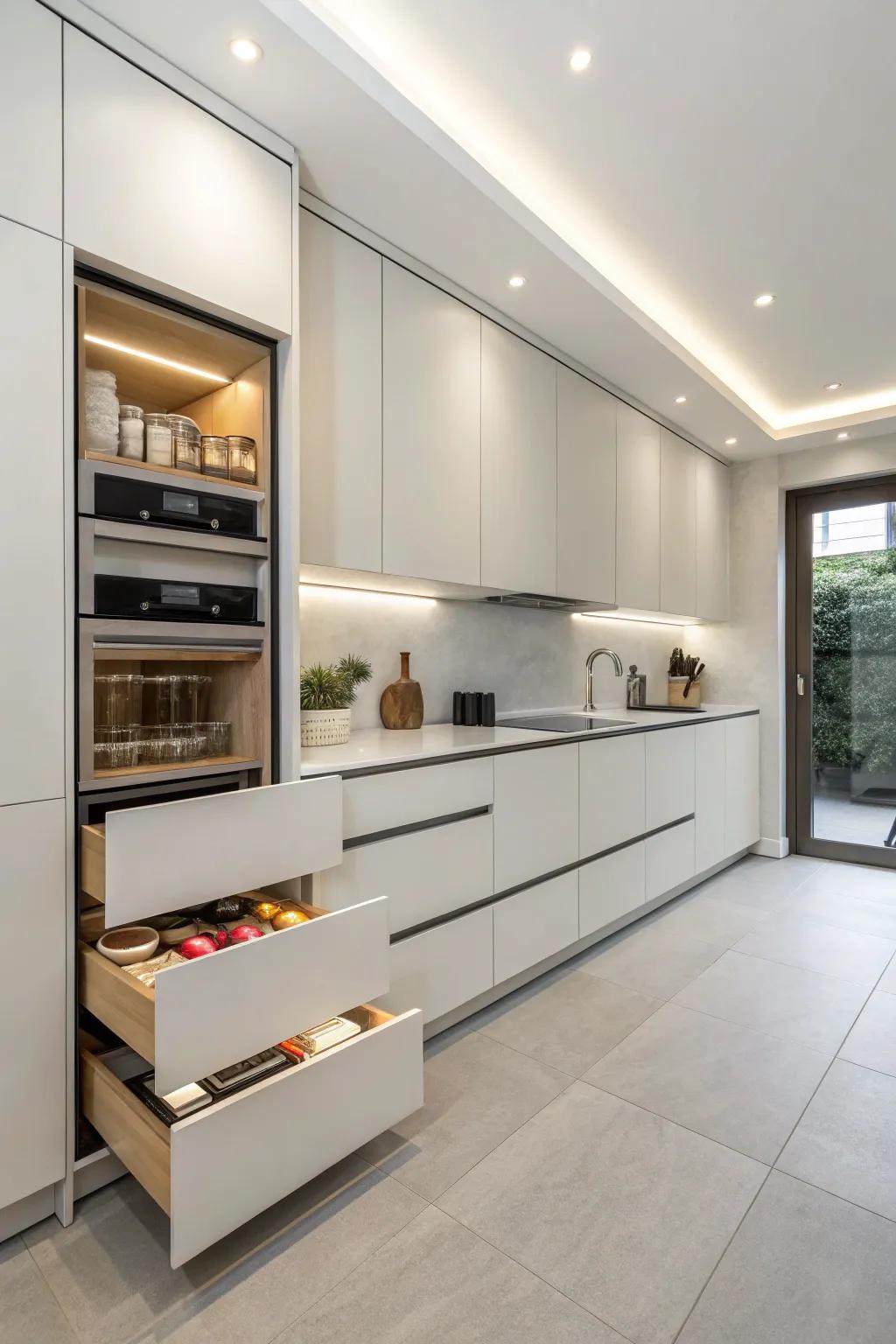A cooking area featuring hidden storing aspects intended for a clutter-free environment.