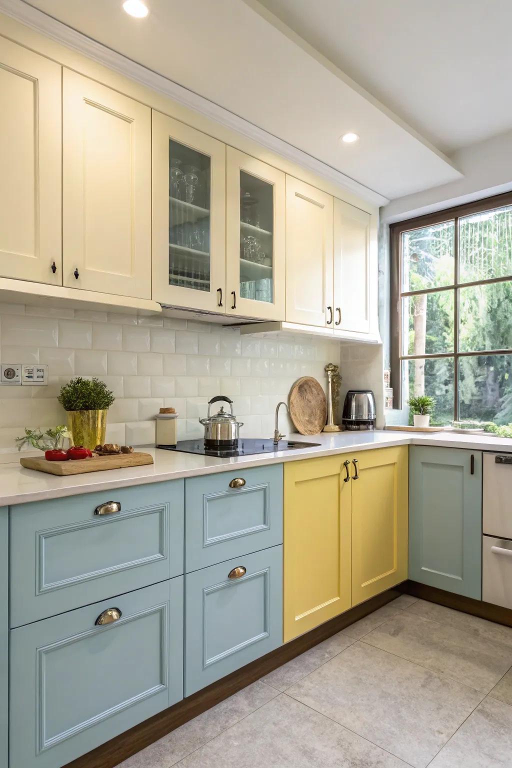 Two-tone cabinets offer a modern twist to traditional kitchen designs.