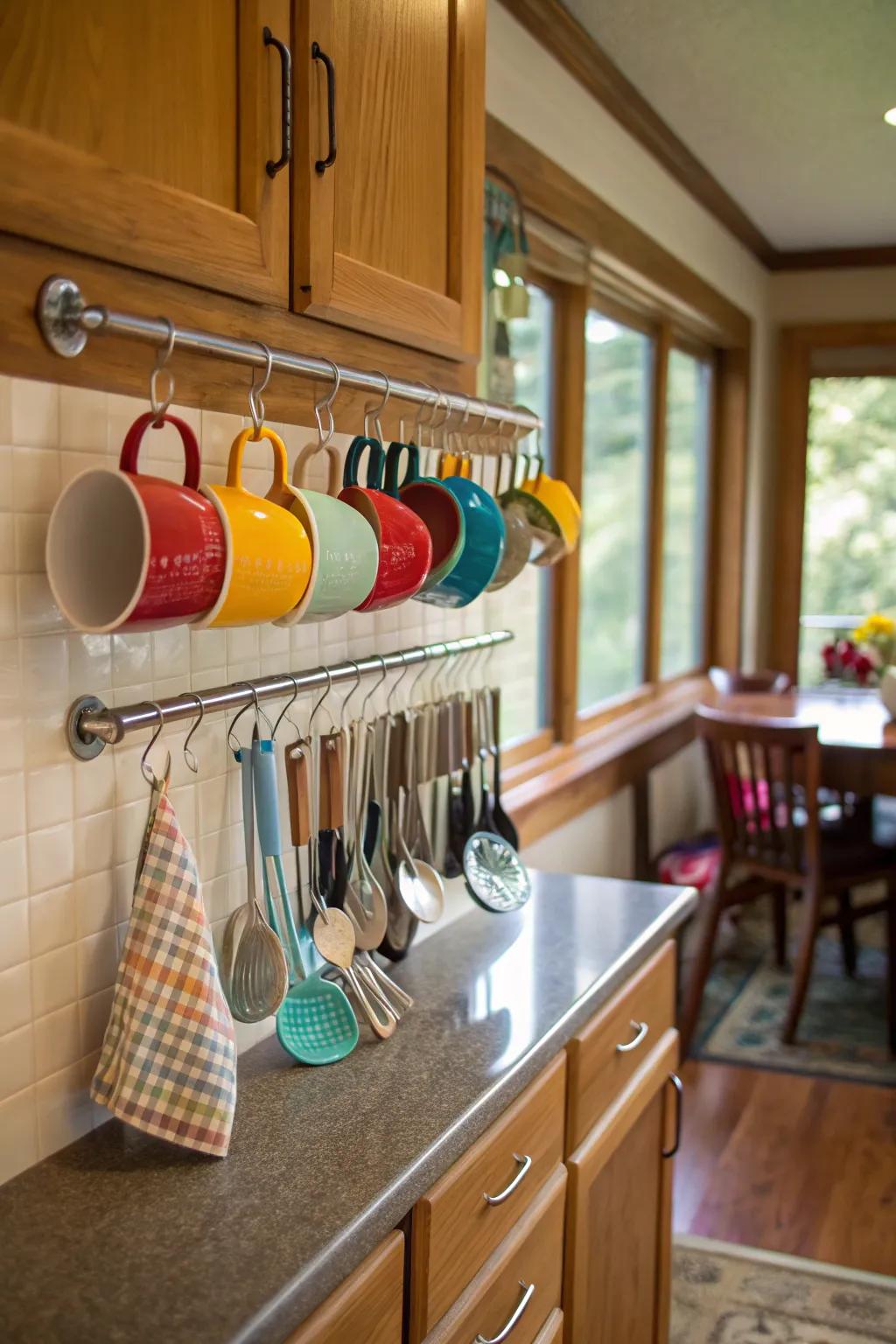 A kitchen features a peg rail for stylish and practical storage.