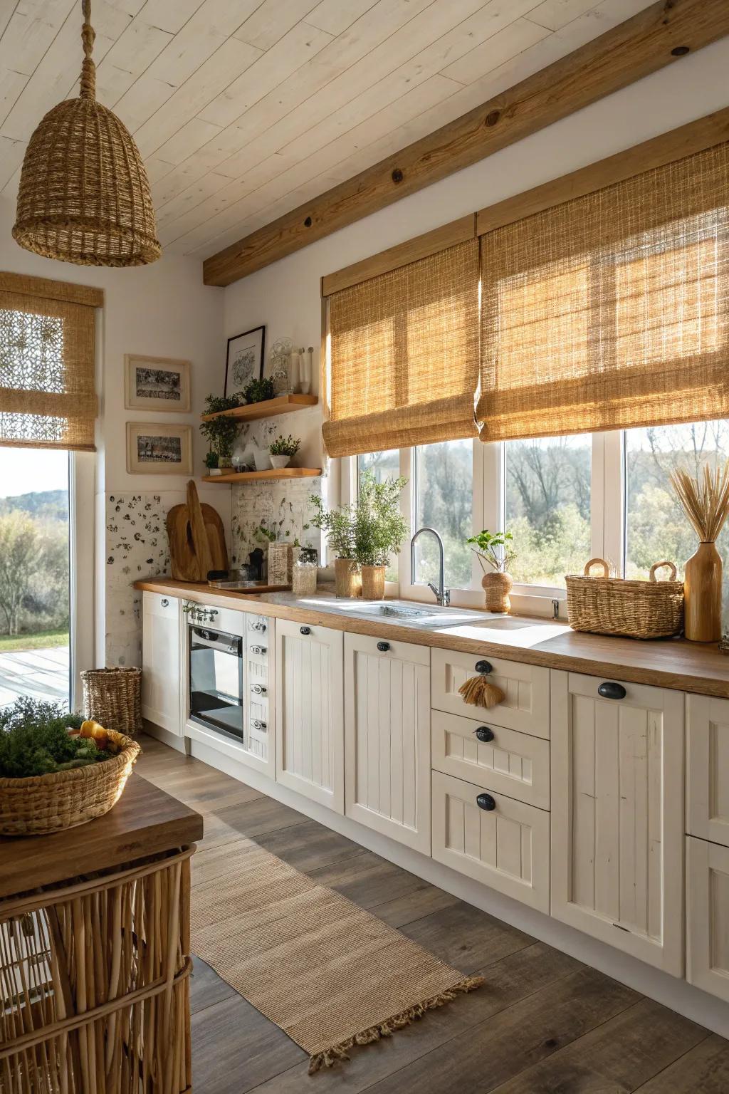 Rattan shades provide texture and a rustic touch to your kitchen.