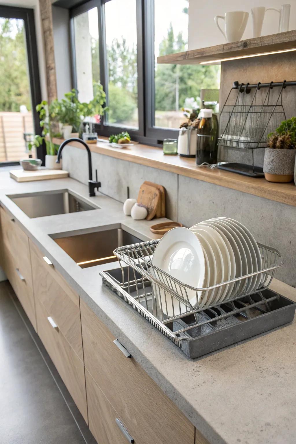 A cooking space with engineered stone worktops featuring a practical embedded dish drying rack.
