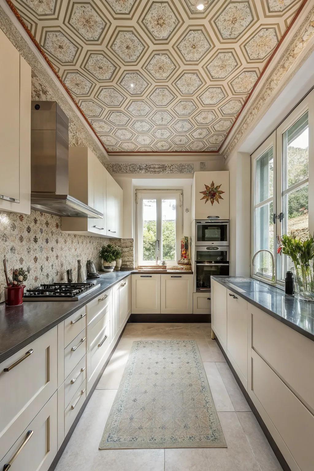 Ceiling wall covering introduces a surprising element of design and intrigue.