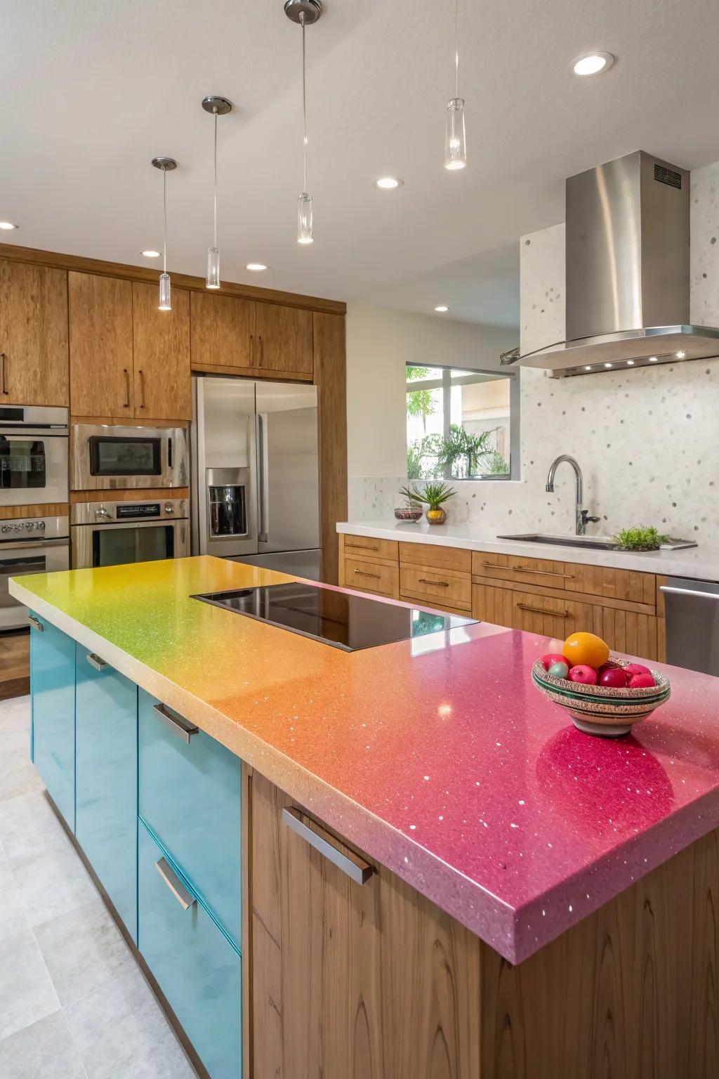 Creative color combinations in quartz for a personalized kitchen.