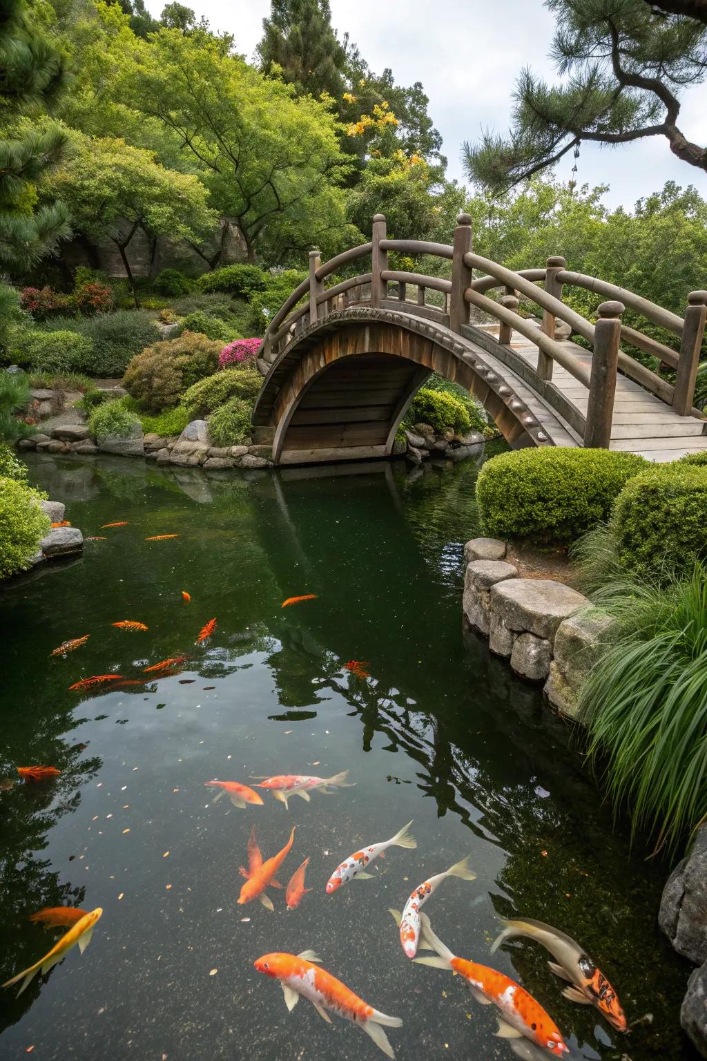 A wooden bridge adds classic charm to any koi pond.