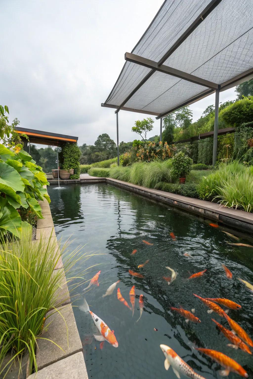 A koi pond benefiting from plant filters offering shade and clean water.