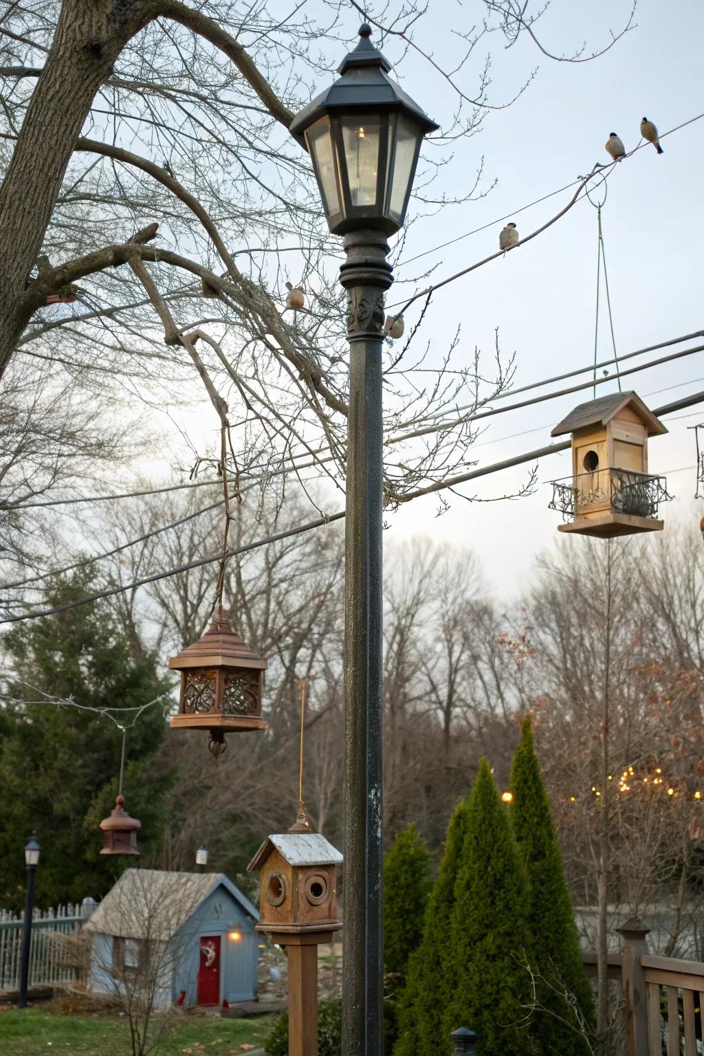 Bird-friendly elements drawing wildlife to a standing light spot.