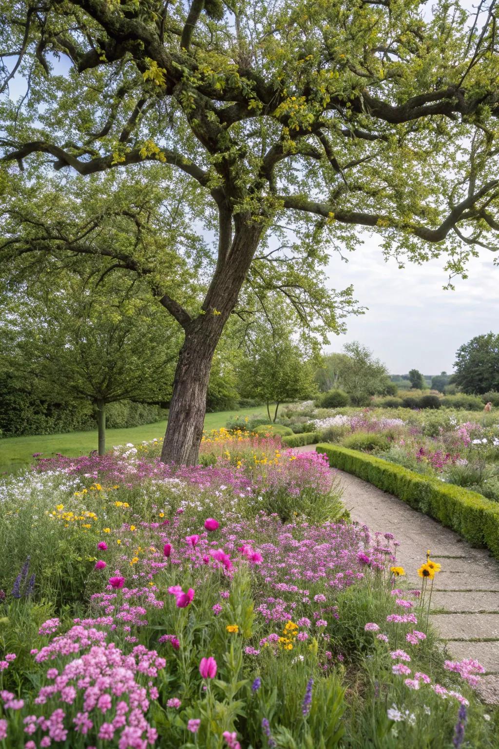 A tree highlighted by a colorful wildflower meadow, amplifying the garden's natural allure.