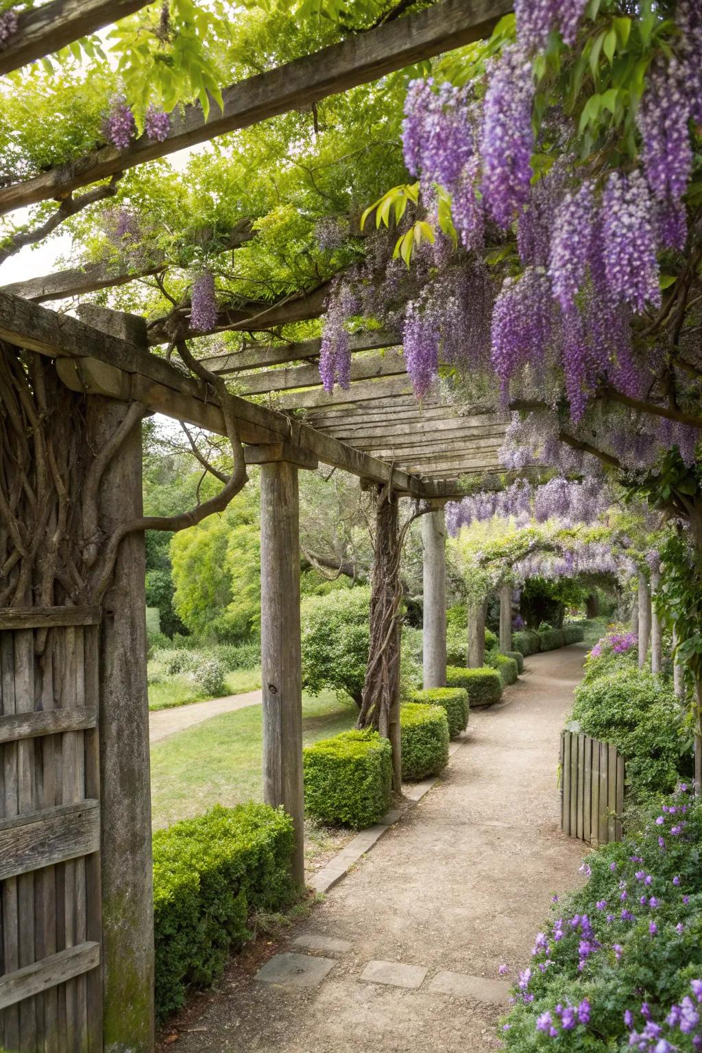 An overhead structure crafts a shaded retreat in your outdoor spot.