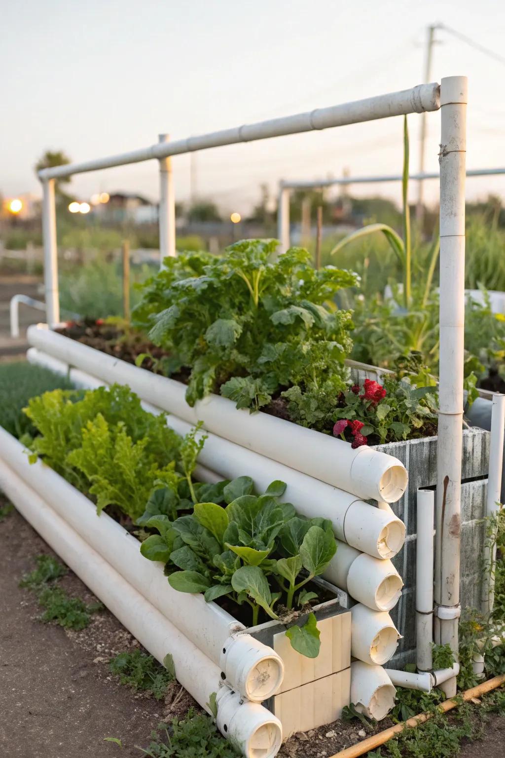 Plastic pipes give a way to make raised beds that’s easy to change and light.