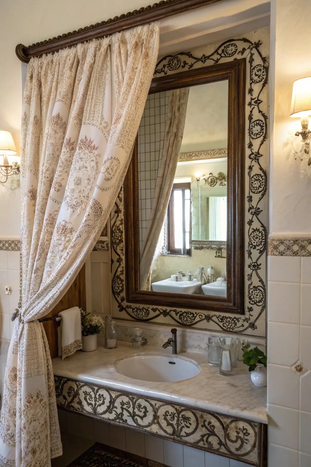 Curtains contribute drama and refinement to bathroom mirror environments.