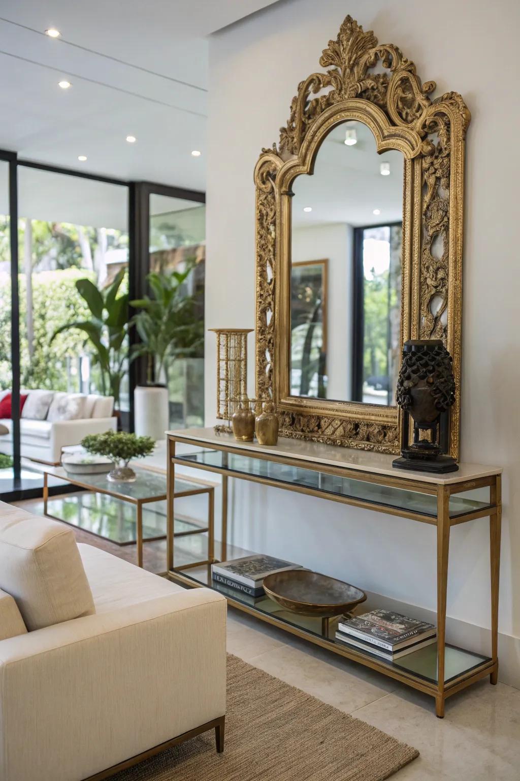 A vintage mirror adds charm and character to modern decor.