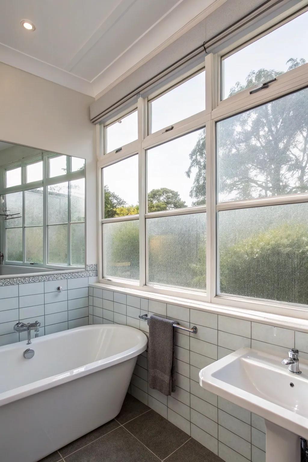 Textured glass windows giving privacy and style in a bathroom setting.
