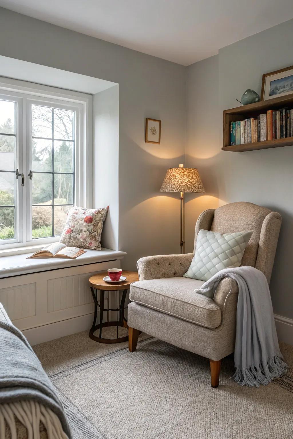 A reading nook enhances charm and practicality.