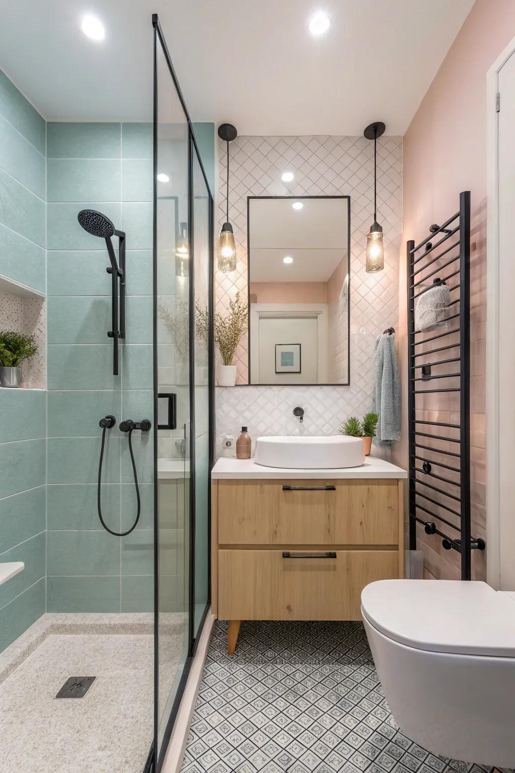 A tinted shower screen adds depth to a compact bathroom.