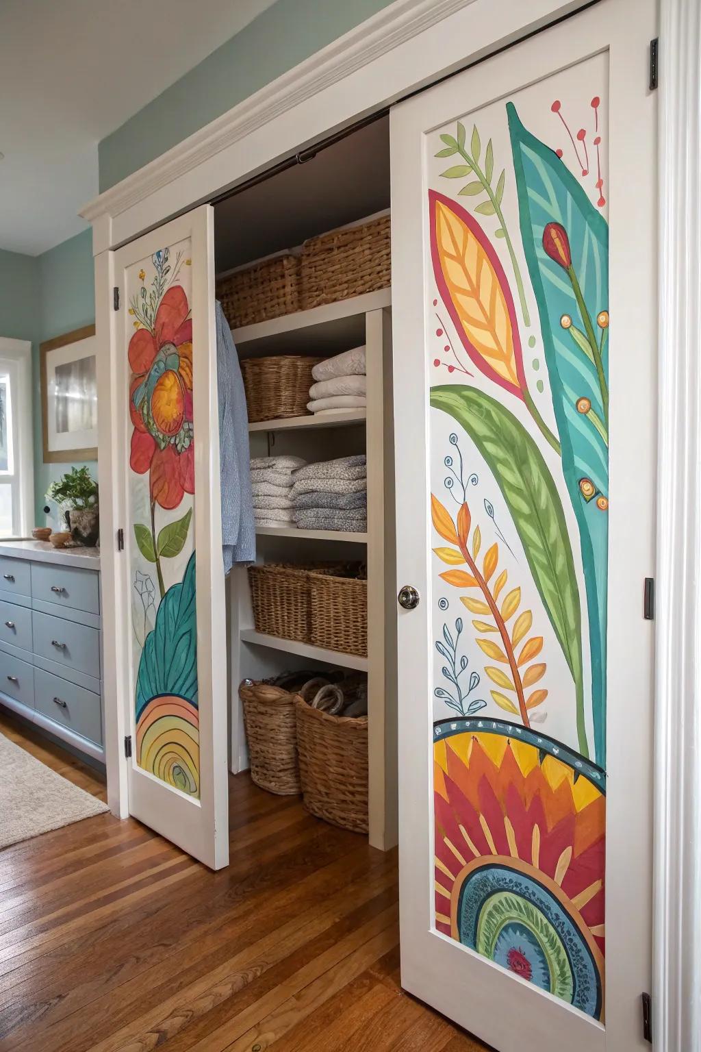 Artistic paintings transforming linen storage entries into captivating art pieces.