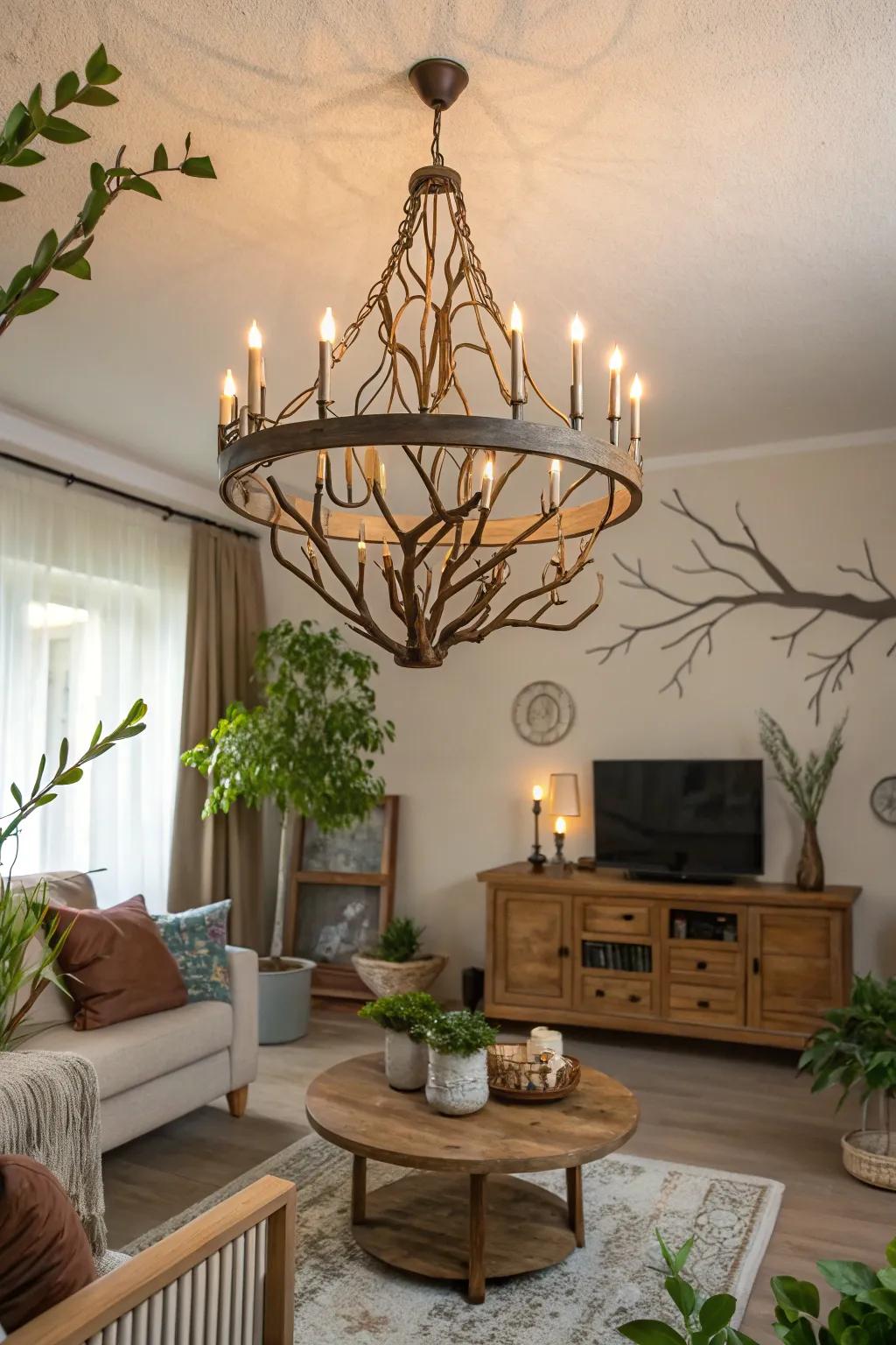 A living room showcasing a chandelier with limb patterns for a nature-inspired look.