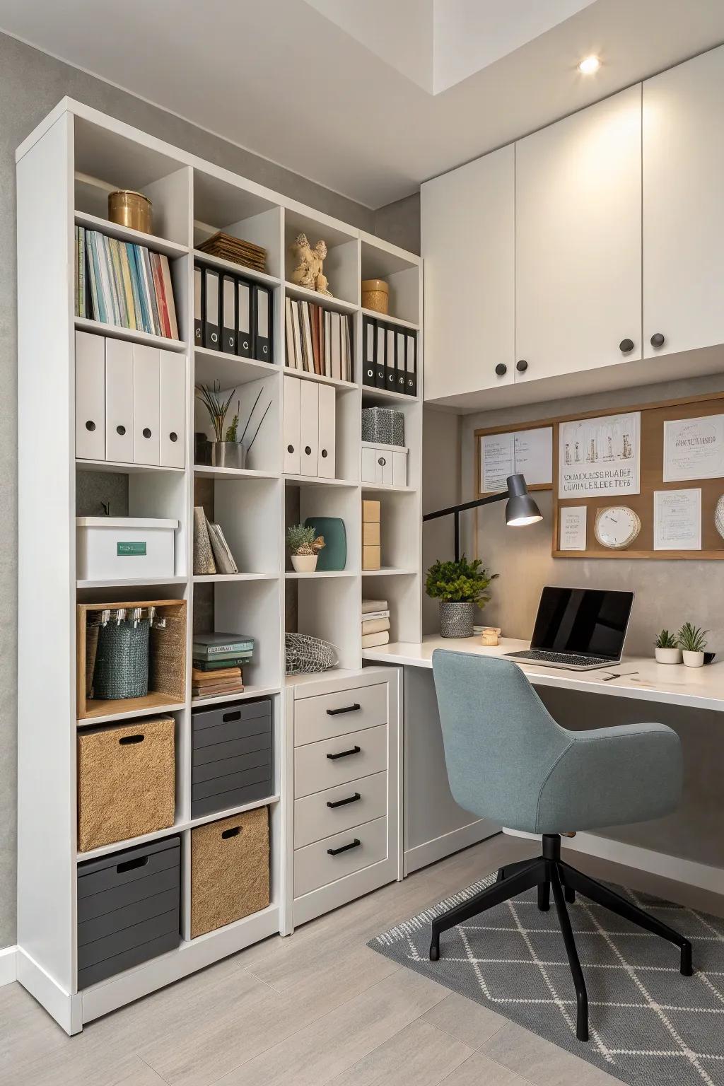 An office essentials hub using cube storage for a productive workspace.