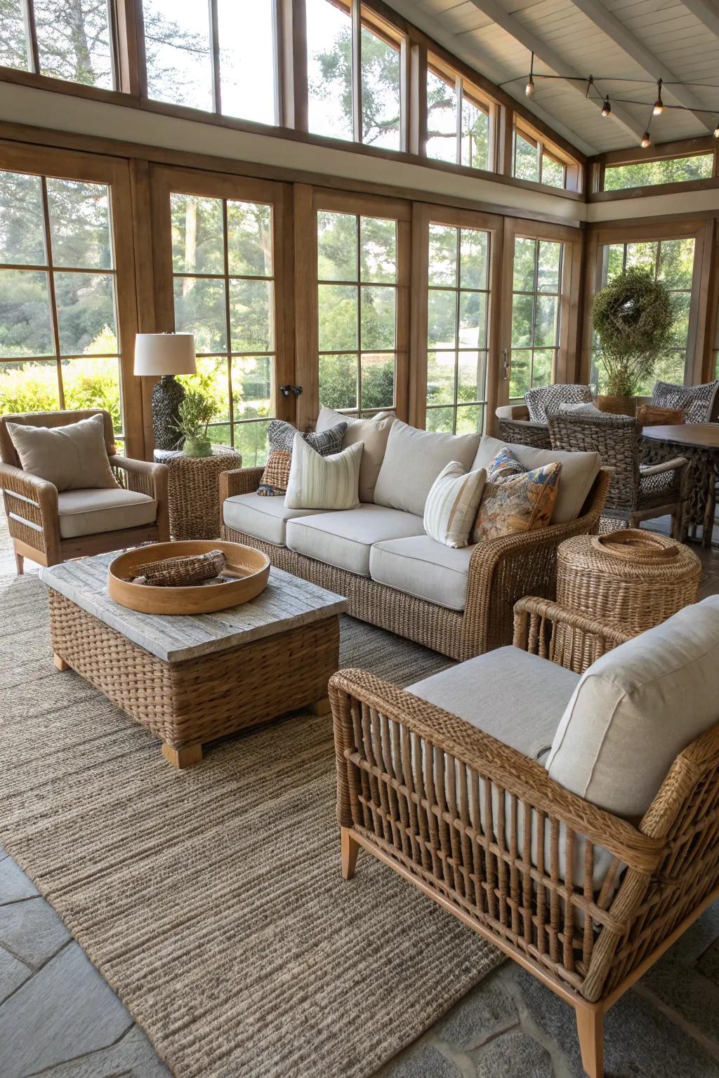 Outdoor-inspired furniture crafts a whimsical vibe in the living area.