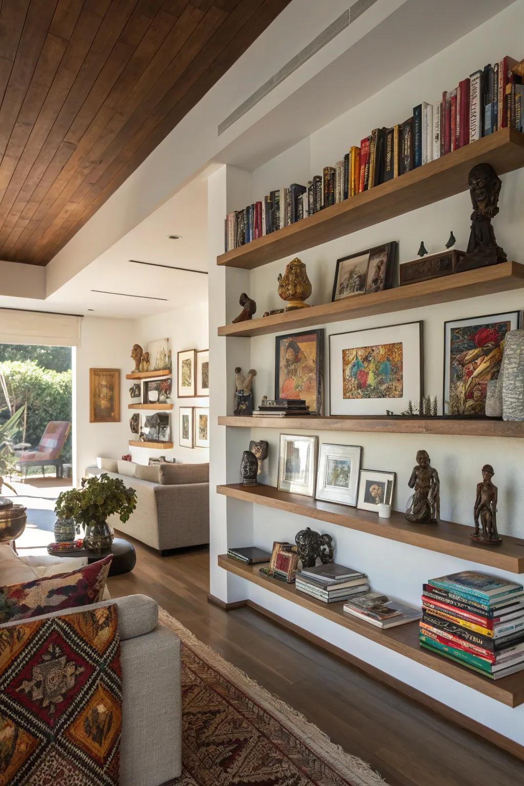 Craft a drifting gallery with art and embellishments on ledges.