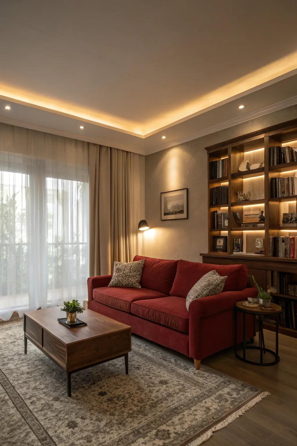 Offering flexibility to tweak ambiance and beautifully enhance your red sofa, intelligent illumination.