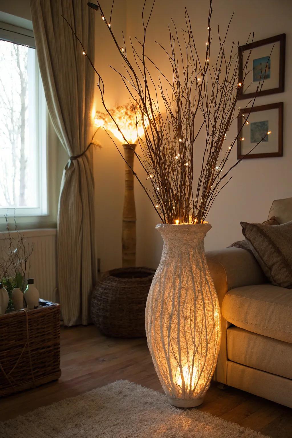 LED lights within a vase craft an inviting evening glow.