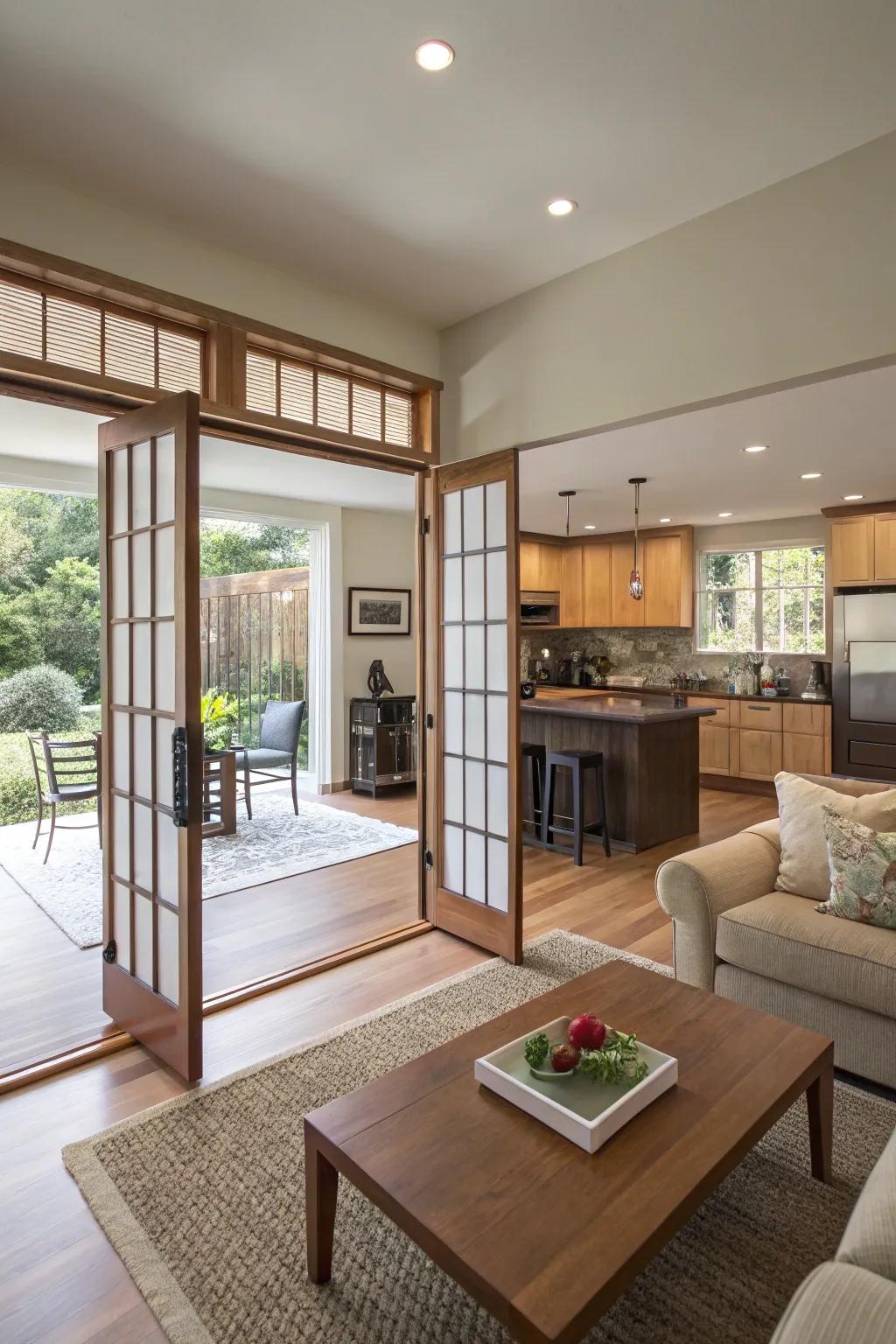 Moving doors offer seclusion and flexibility while maintaining openness.