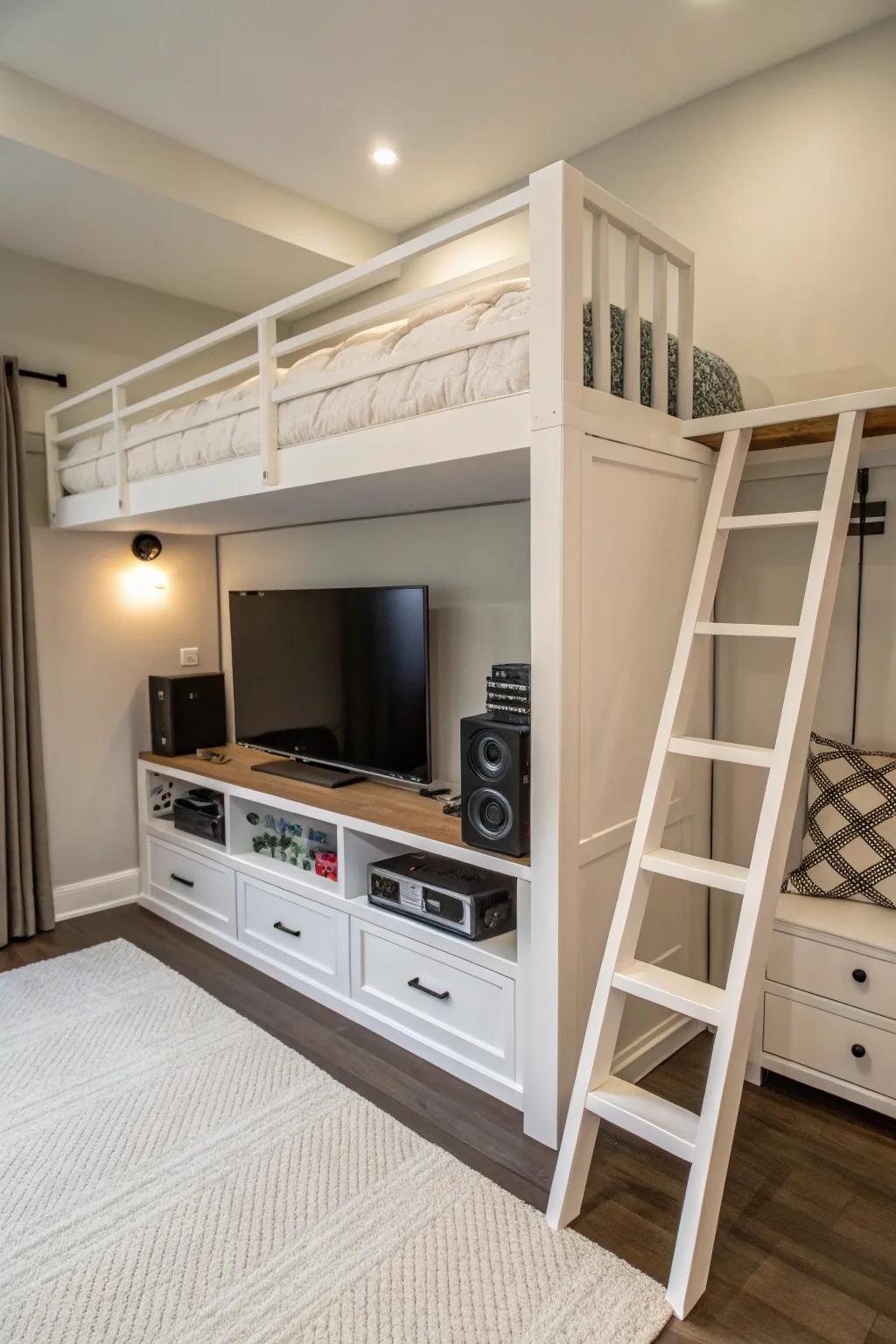 Built-in entertainment centers under loft beds make for perfect relaxation zones.