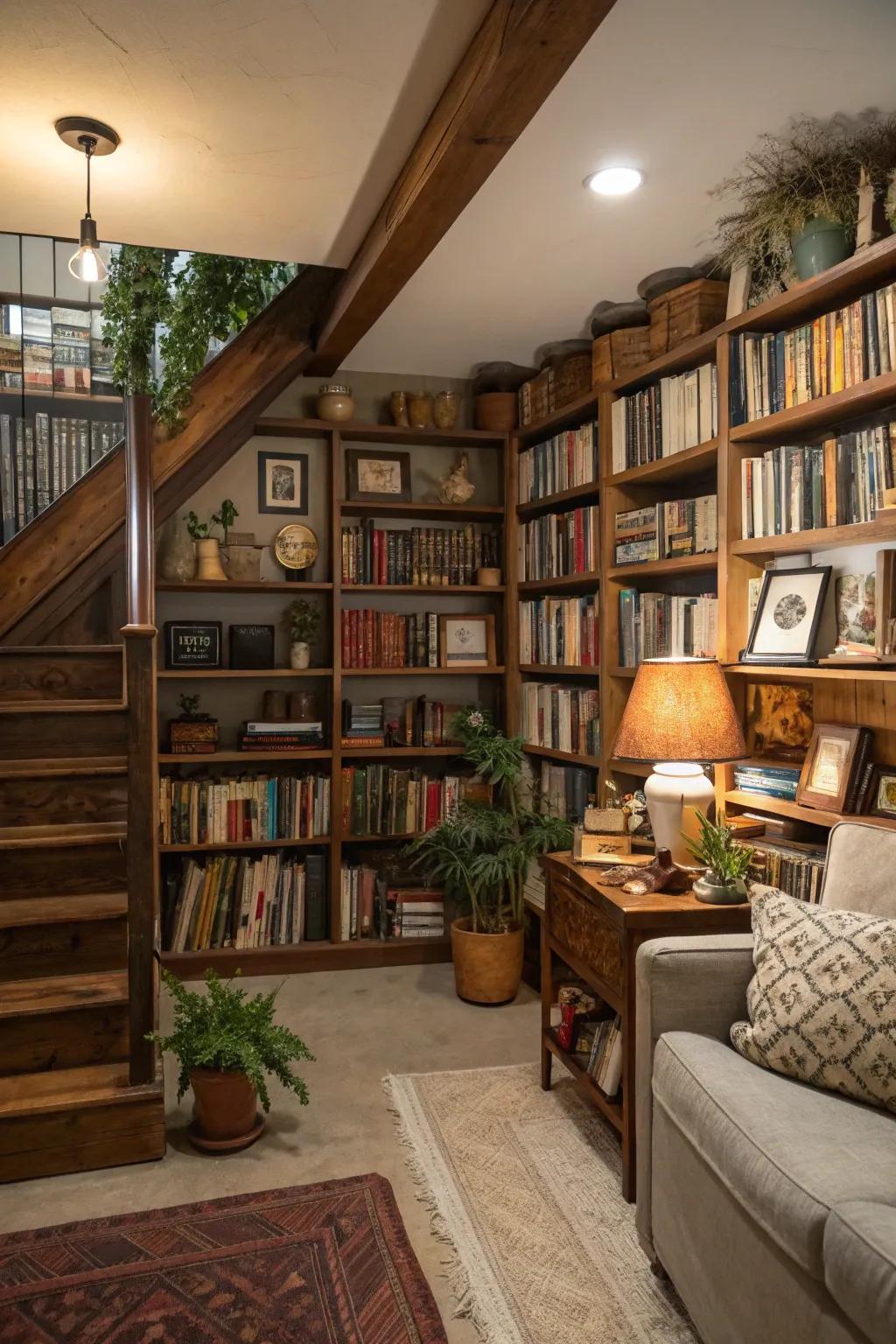 Tall bookcases contribute height and storage to a basement.